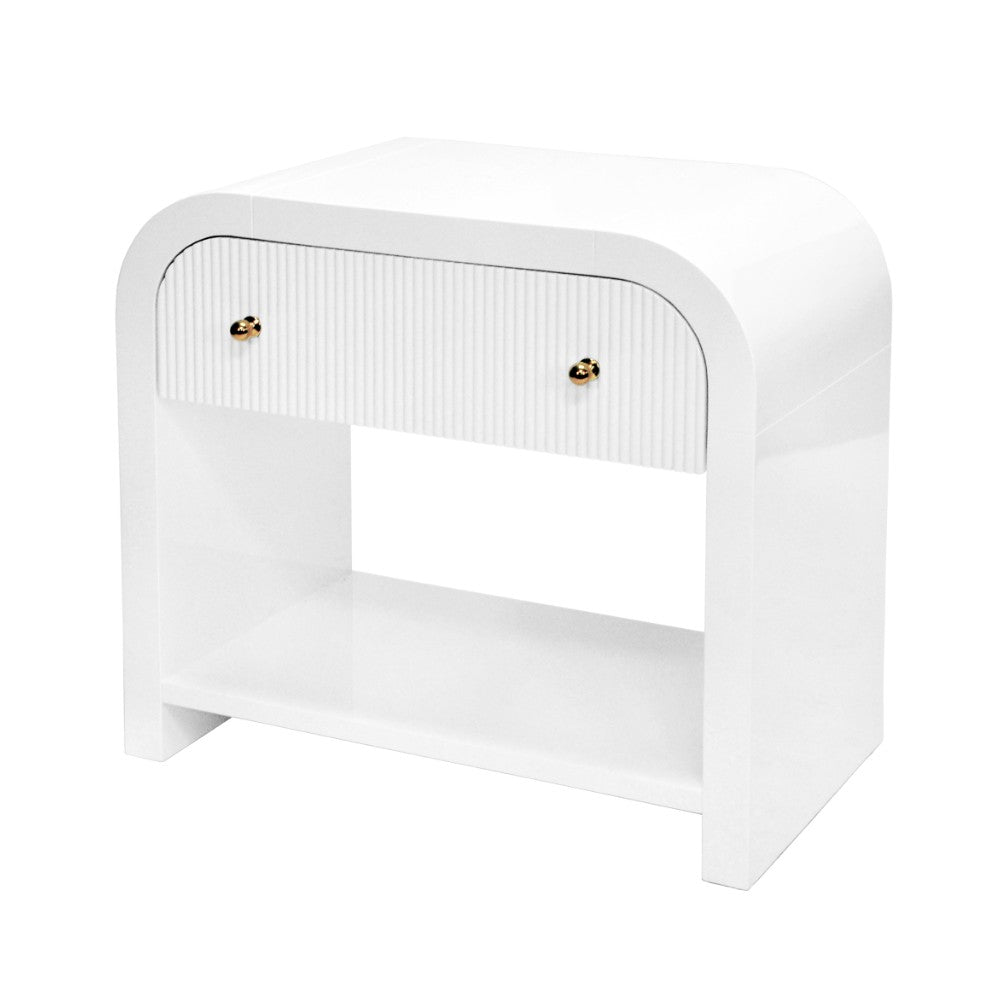 Worlds Away Esther Waterfall Edge Side Table with Fluted Drawer – White Lacquer