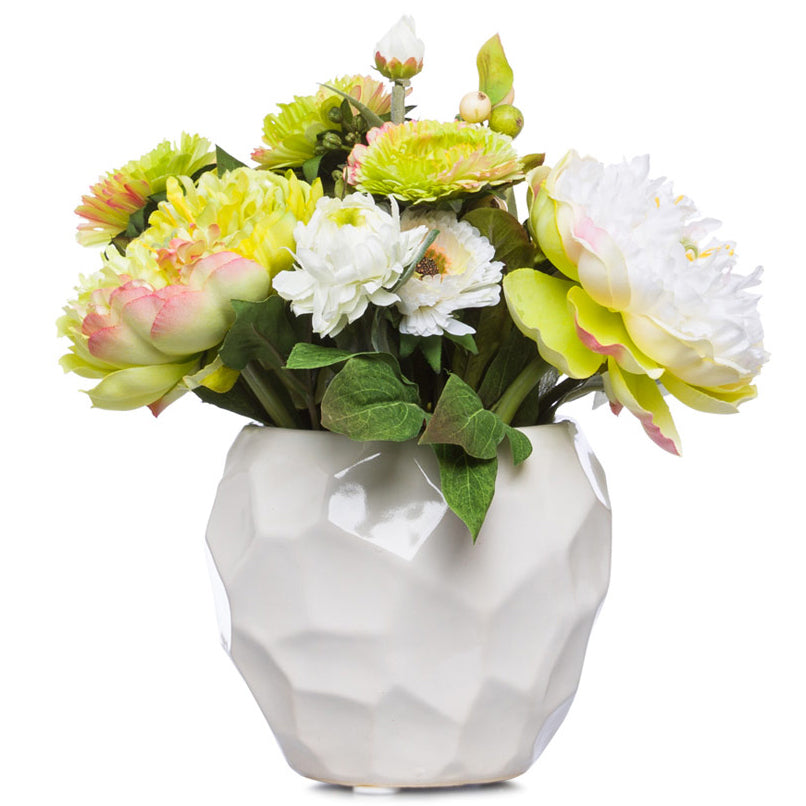 Silk Mixed Cream & Green Florals in White Faceted Pot