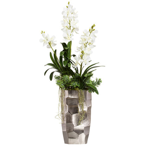 Large White Silk Vanda Orchid in Modern Silver Vase