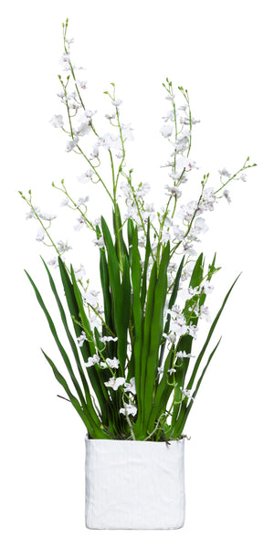 Faux White Cymbidium - White Textured Square Planter