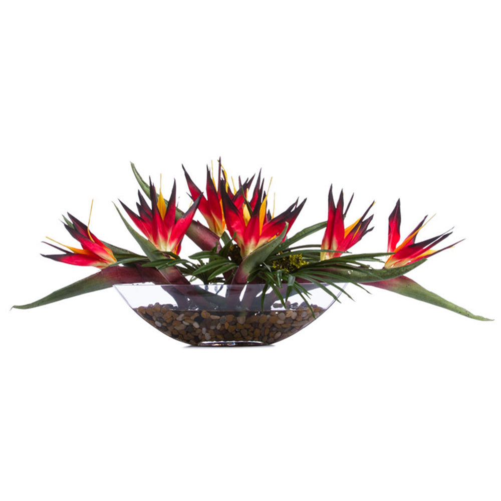 Faux Bird of Paradise in Large Glass Boat - Red