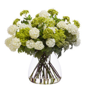 Faux Green & White Snowballs in Large Tapered Glass Vase