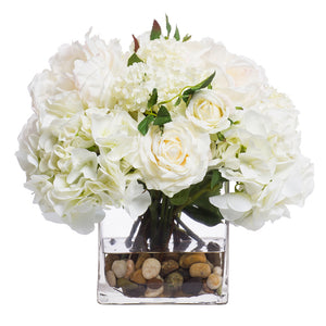 Faux Cream & White Hydrangeas in Small Glass Cube