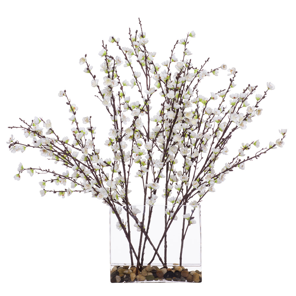 Large White Faux Plum Blossom in Rectangle Glass Waterlike