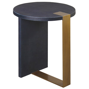 Worlds Away Harrington Round Accent Table with Antique Brass Base – Navy Shagreen