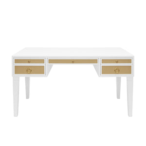 Worlds Away Heidi Desk with Grasscloth Drawers - Matte White and Brass