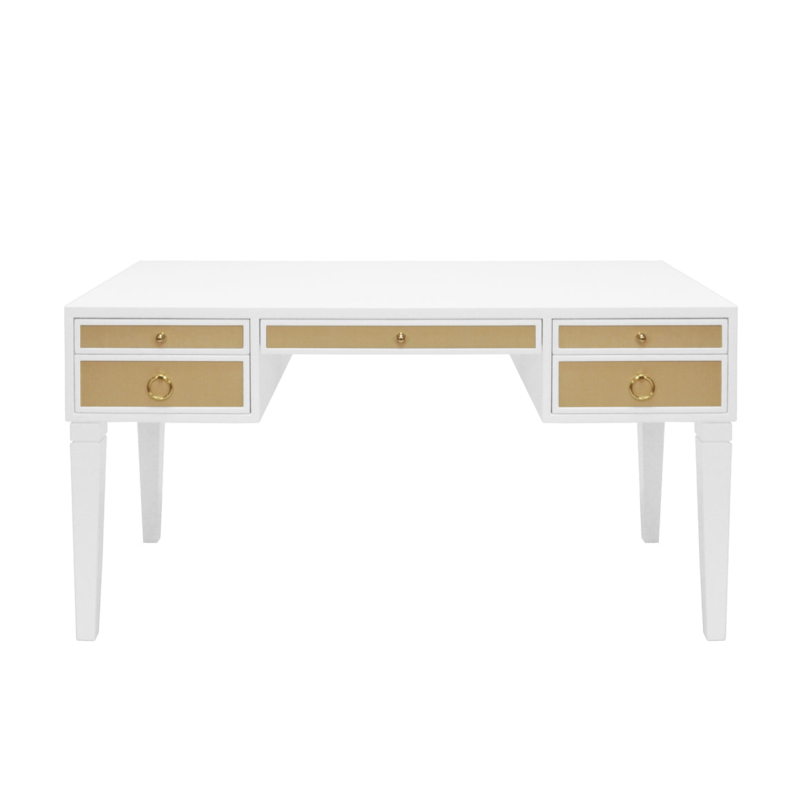 Worlds Away Heidi Desk with Grasscloth Drawers - Matte White and Brass