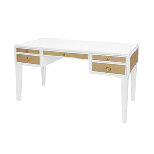 Worlds Away Heidi Desk with Grasscloth Drawers - Matte White and Brass