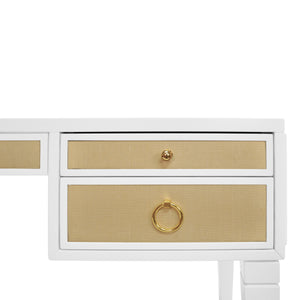 Worlds Away Heidi Desk with Grasscloth Drawers - Matte White and Brass