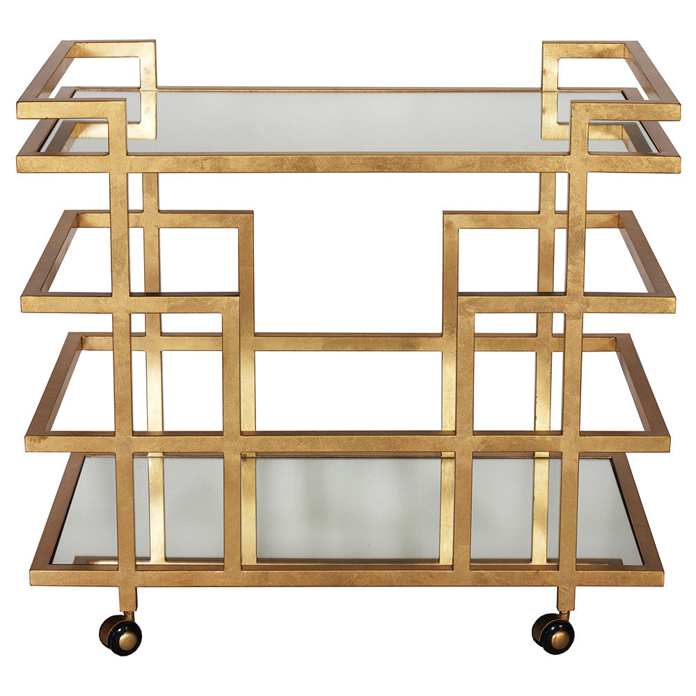 Worlds Away Ireland Bar Cart with Mirror Shelves – Gold Leaf