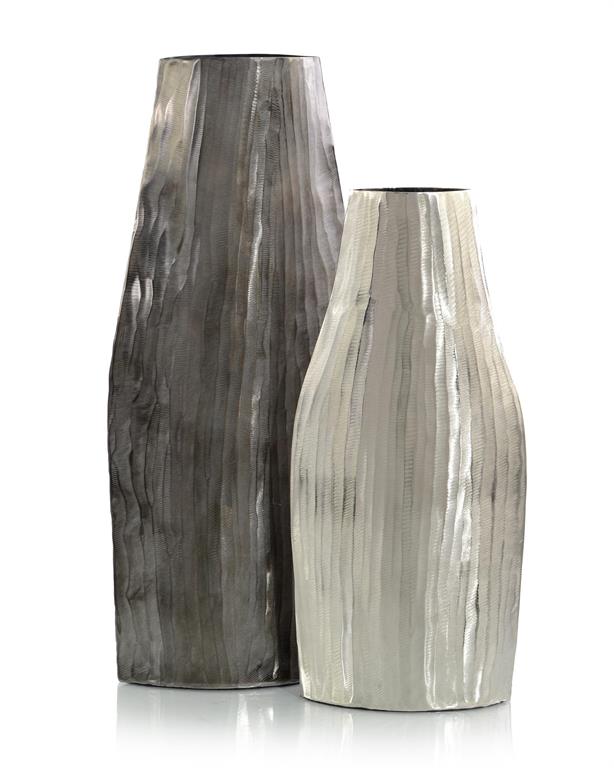 Set of Two Smoky Black and Nickel Etched Metal Vases