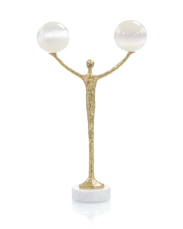 Brass Figure Balancing Two Selenite Balls