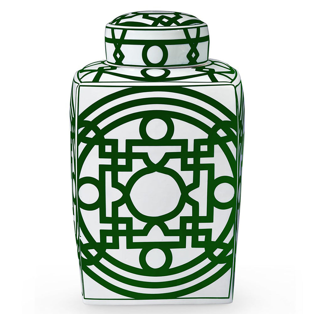 Square Porcelain Temple Jar with Lid – Green & White | Jasper Collection | Villa & House