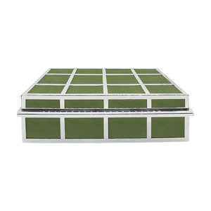 Worlds Away Percy Rectangular Box - Olive Green Leather with Nickel Grid