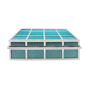 Worlds Away Percy Rectangular Box - Turquoise Leather with Nickel Grid