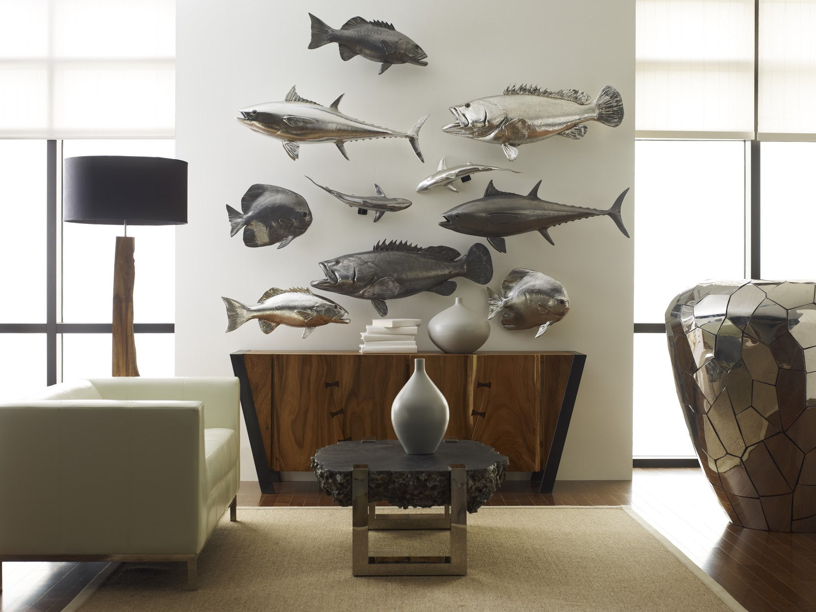 Cod Fish Statue Estuary Cod Fish Wall Sculpture, Resin, Silver Leaf - Scenario Home