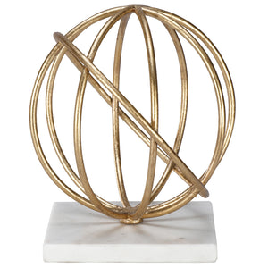 Worlds Away Quincy Iron Sphere Sculpture on Marble Base – Gold Leaf