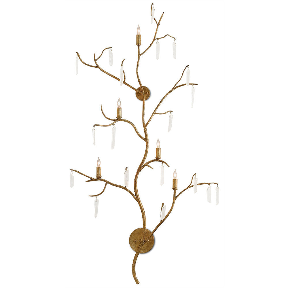 Illia Modern Gold Branch Quartz Stone Tall Sconce Yellow Gold Metal Iron Gold Kathy Kuo Home 022704