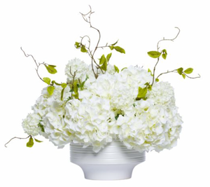 White Faux Hydrangea & Willow Branch Centerpiece in White Bowl
