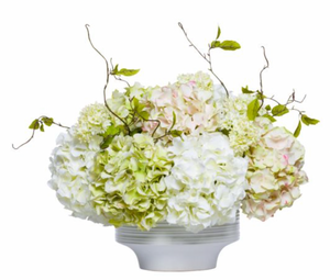 Mixed Faux Hydrangea & Willow Branch Centerpiece in White Bowl