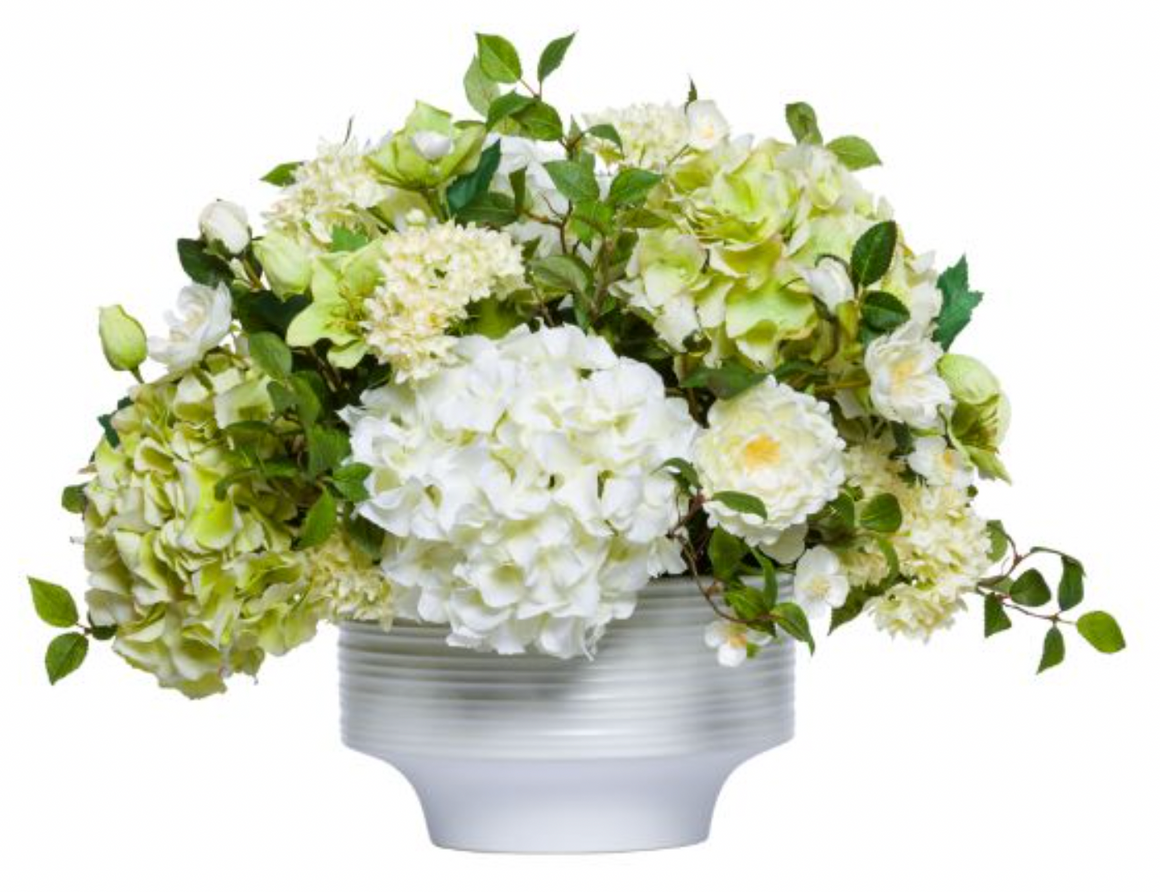 Faux White Hydrangea, Rose & Buttercup Centerpiece in White Bowl