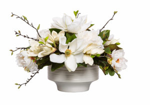 White Faux Magnolia & Peony Centerpiece in White Bowl