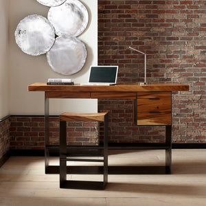 Iron Frame Standing Desk with Drawers, Chamcha Wood, Natural, Bar Height
