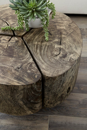 Clover Coffee Table, Chamcha Wood, Gray Stone Finish, Metal Base