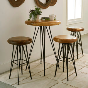 Smoothed Bar Stool on Black Metal Legs, Swivel Seat, Chamcha Wood, Natural