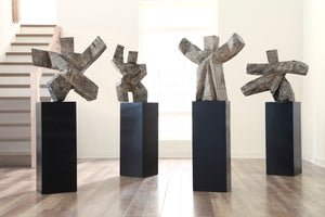 Tai Chi Kicking Sculpture on Pedestal, Gray Stone/Black