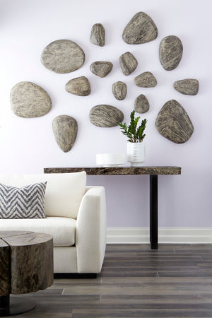 Chamcha Wood Console Table, Metal U Legs, Gray Stone Finish