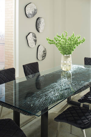 Chainsaw Dining Table with Glass, Chamcha Wood, Burnt Black, Black Iron U Legs