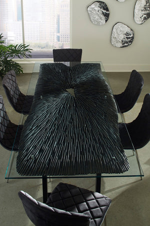 Chainsaw Dining Table with Glass, Chamcha Wood, Burnt Black, Black Iron U Legs