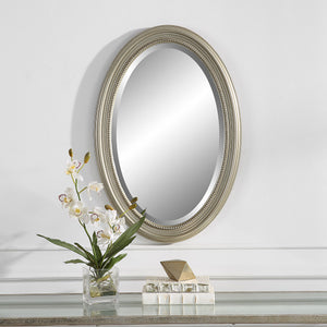 Antique Oval Beaded Mirror - Metallic Silver Finish