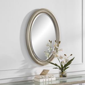Antique Oval Beaded Mirror - Metallic Silver Finish