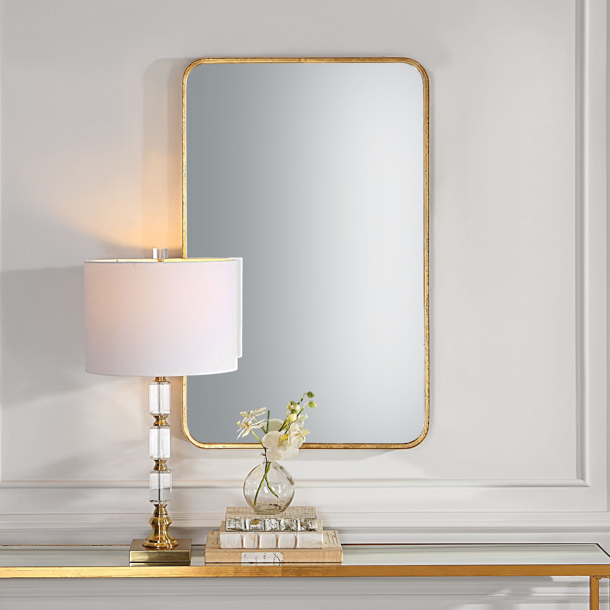Contemporary Rounded Corner Rectangular Frame Mirror-Gold Leaf ...