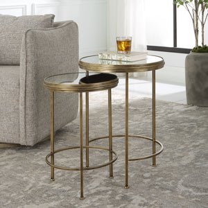 Round Mirror Top Brass Nesting Tables