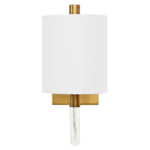 Worlds Away Walton Acrylic Sconce with White Linen Shade – Antique Brass