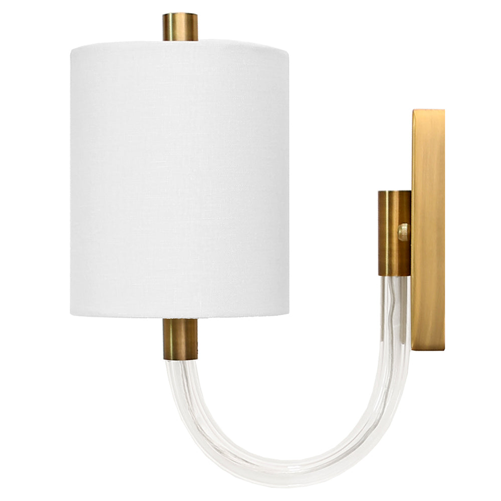 Worlds Away Walton Acrylic Sconce with White Linen Shade – Antique Brass