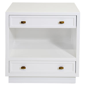 Worlds Away Warren 2 Drawer Nightstand with Open Shelf – White Lacquer