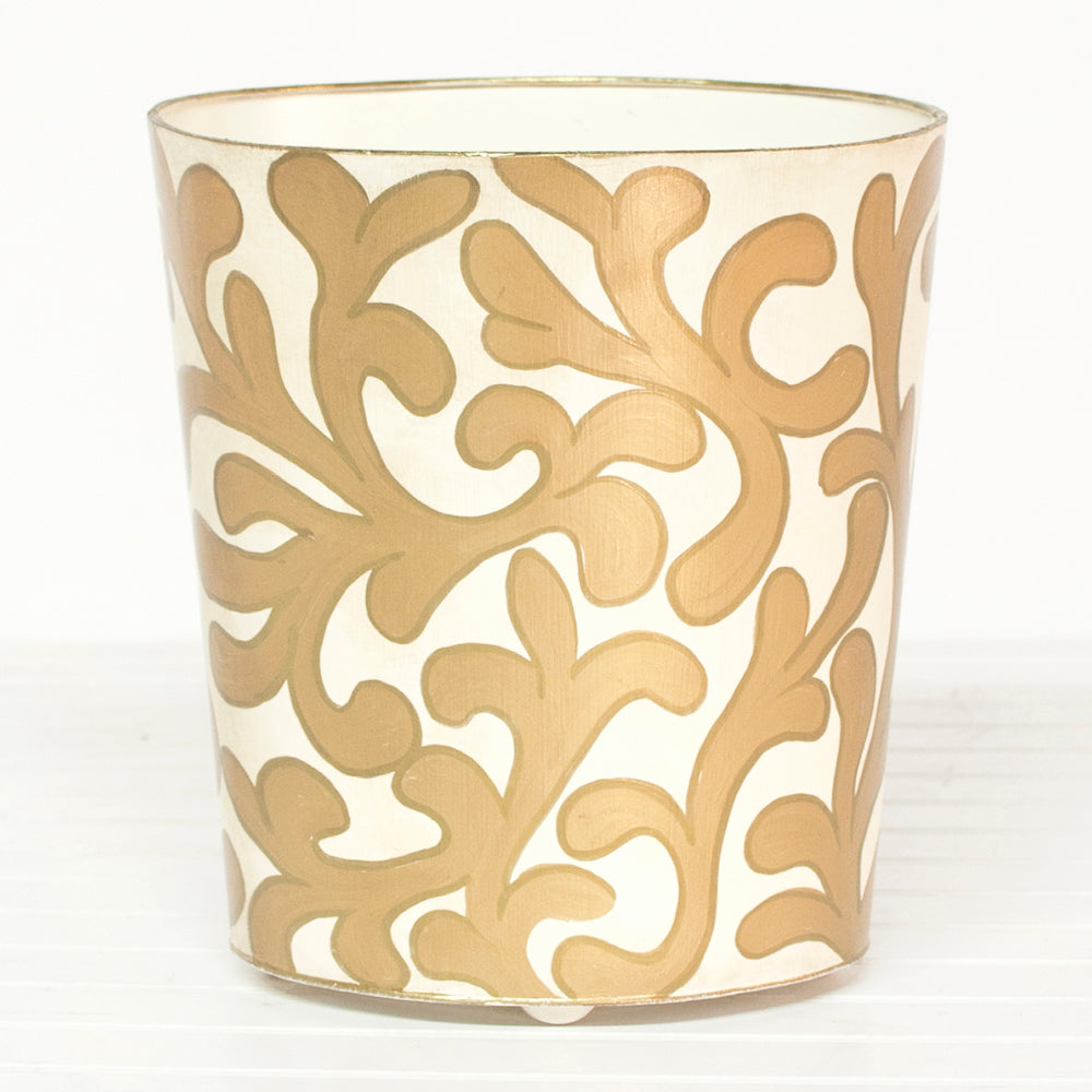 Worlds Away Hand-Painted Branches Wastebasket - Gold & Cream