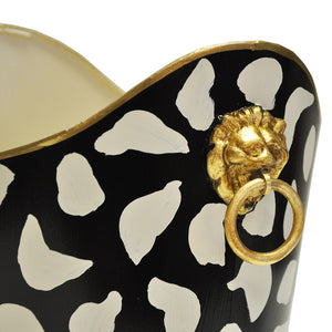 Worlds Away Hand-Painted Wastebasket with Lion Handles - Black Leopard