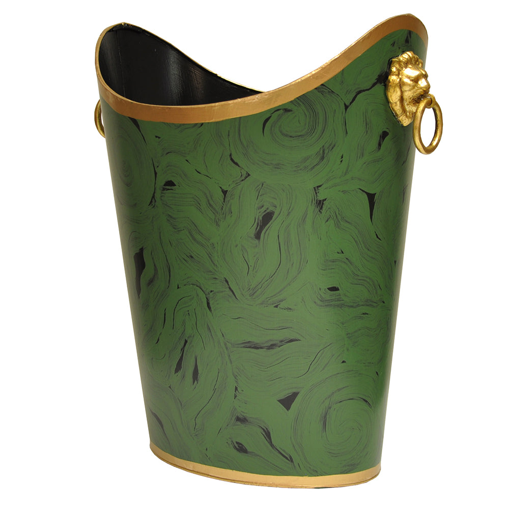 Worlds Away Hand-Painted Wastebasket with Lion Handles - Malachite