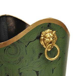 Worlds Away Hand-Painted Wastebasket with Lion Handles - Malachite