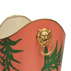 Worlds Away Hand-Painted Wastebasket with Lion Handles - Palm