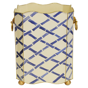 Worlds Away Hand-Painted Square Wastebasket with Lion Handles - Blue Bamboo
