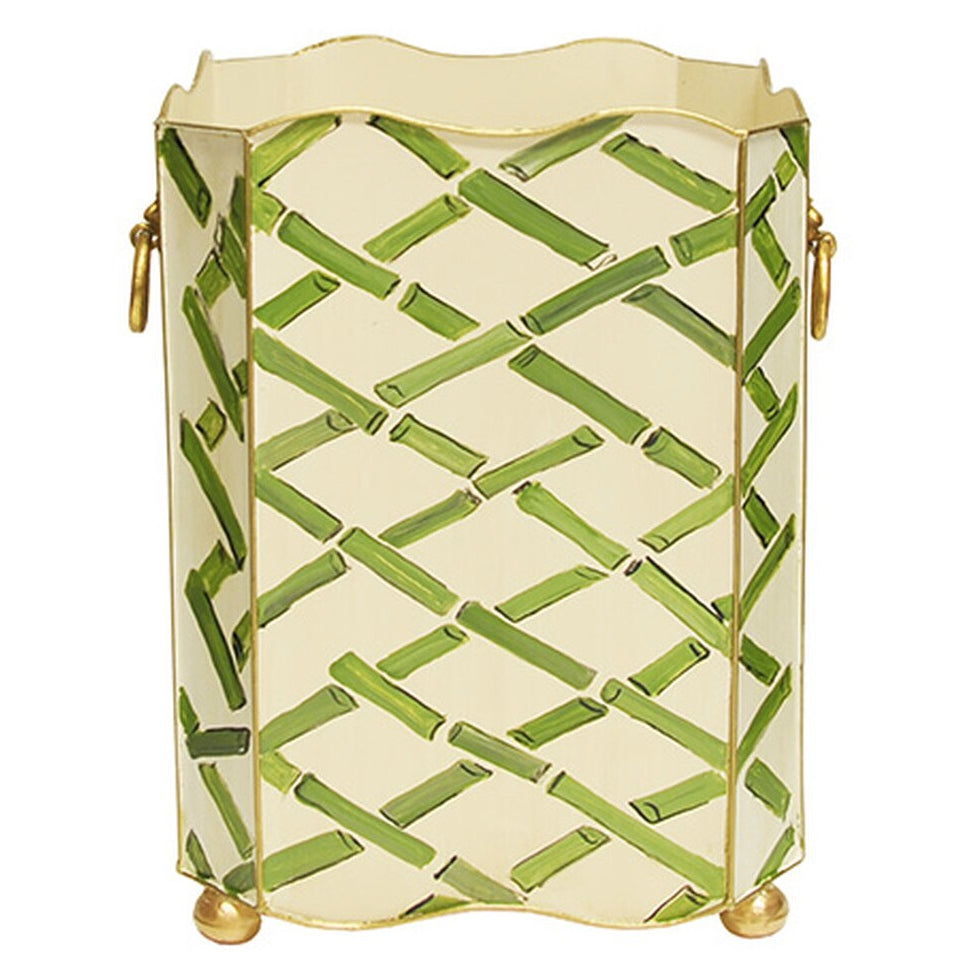 Worlds Away Hand-Painted Square Wastebasket with Lion Handles - Green Bamboo