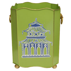 Worlds Away Hand-Painted Square Wastebasket with Lion Handles - Green Pagoda