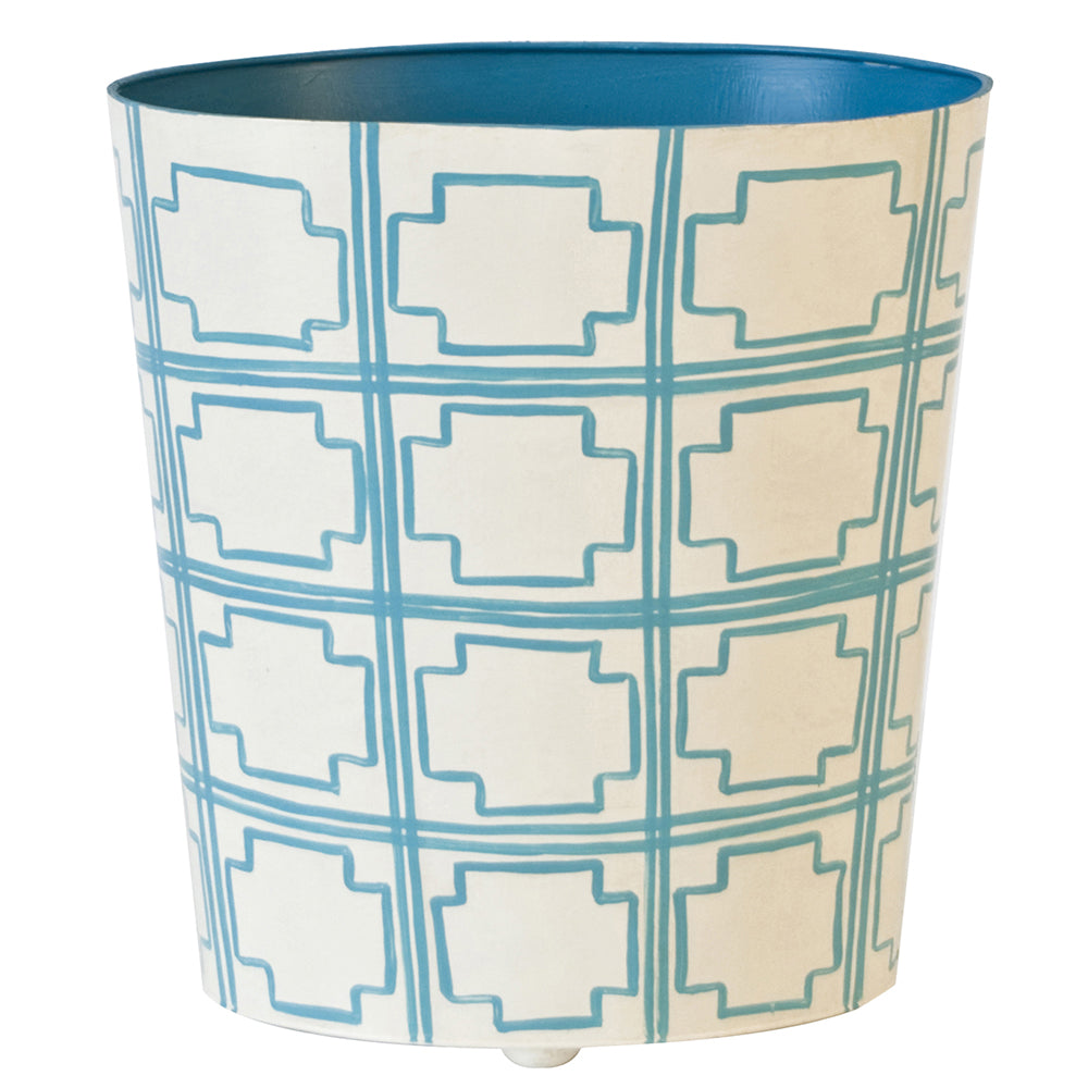 Worlds Away Hand-Painted Oval Wastebasket - Turquoise & Cream