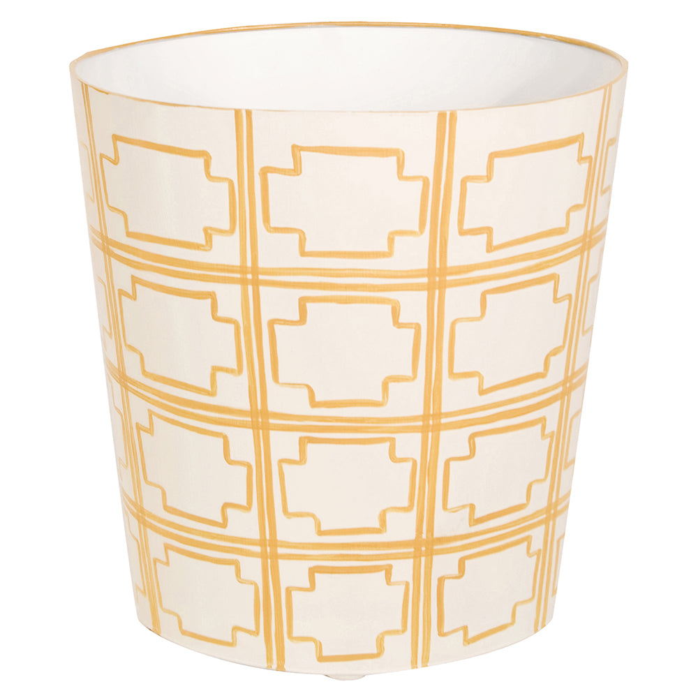 Worlds Away Hand-Painted Oval Wastebasket - Yellow & Cream
